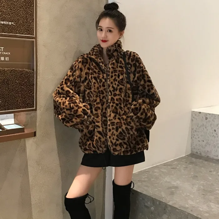 Chaqueta cálida de invierno para mujer, abrigo Vintage de leopardo con cuello levantado y cremallera, prendas de vestir peludas para mujer, abrigo holgado de piel sintética de visón, abrigo superior de felpa High Street