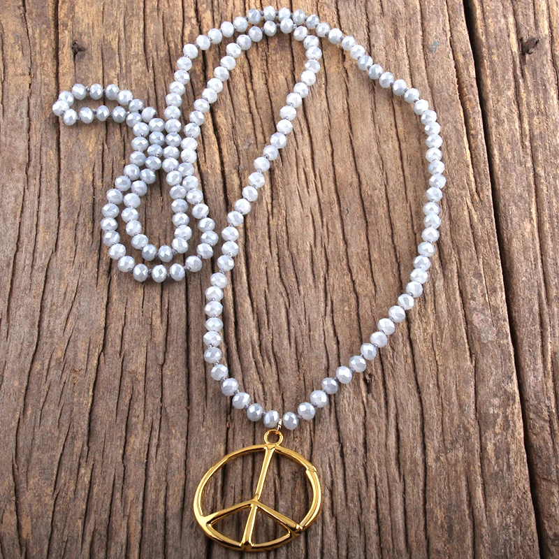 Fashion Boho Jewelry Accessory 6mm Glass Knotted With Metal Peace Pendant Necklaces For Women Femme Bohemia Necklace Gift