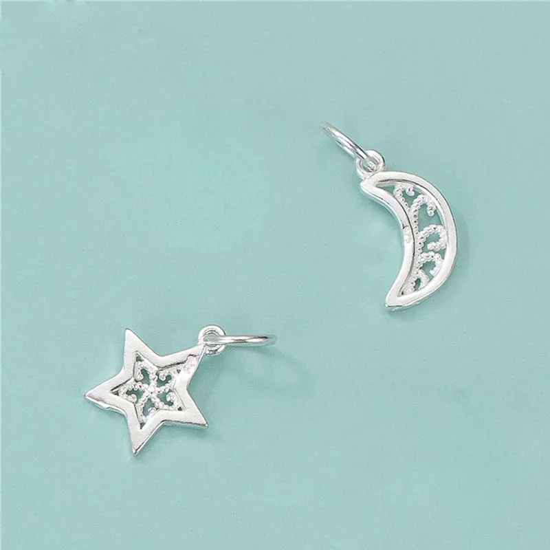 2pcs Genuine Real Pure Solid 925 Sterling Silver Pendant Pentagram Star Moon Suspension DIY Jewelry Making Findings Charms