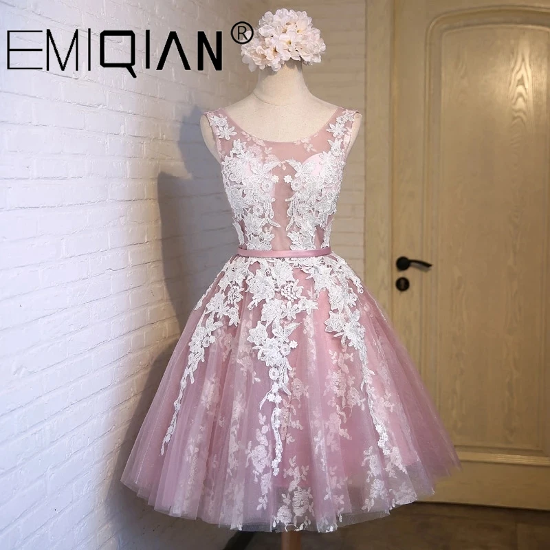 

New Short Pink Lace Flower Banquet Formal Dress, Wedding Reception Dress for the Bride, Lace Short Cocktail Party Gown