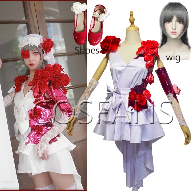 Anime! Identity V Vera Nair Cosplay Costume Scarlet Bride New Skin Flower Wedding Dress Halloween Xmas Costumes for Women wig