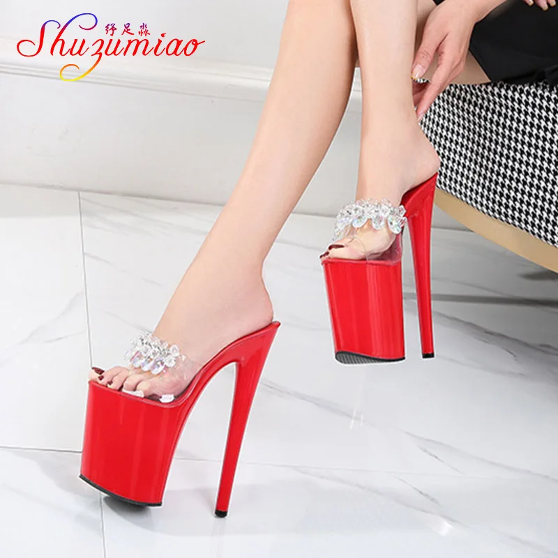 2021 New Diamond Sequin PVC Women Shoes Sexy Super High-Heel 20CM Platform Slippers Female Transparent Crystal Model Show Sandal