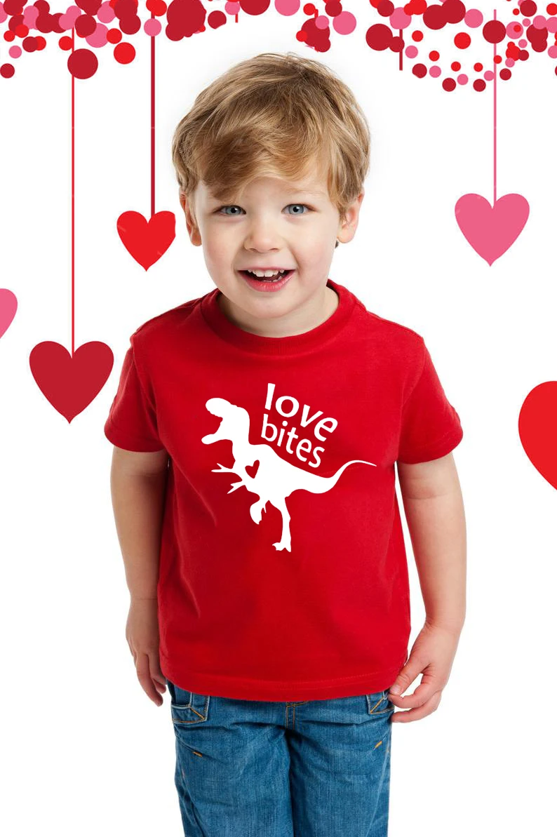 Valentine's Day Shirt for Kids Toddlers Love Bites Dinosaur Design Red T-Shirt Cute Valentine Shirt for Boys Girls Valentine Tee