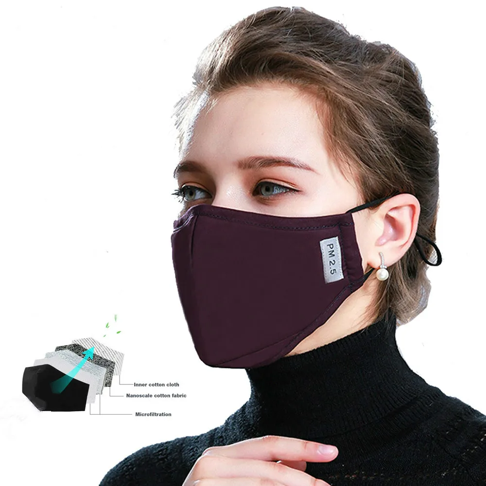 Baumwolle Schwarz Maske Mund Gesicht Maske Anti PM 2,5 Staub Maske mit 2 stücke Aktivkohle Filter Mehrweg Maske Stoff gesicht Maske waschbar