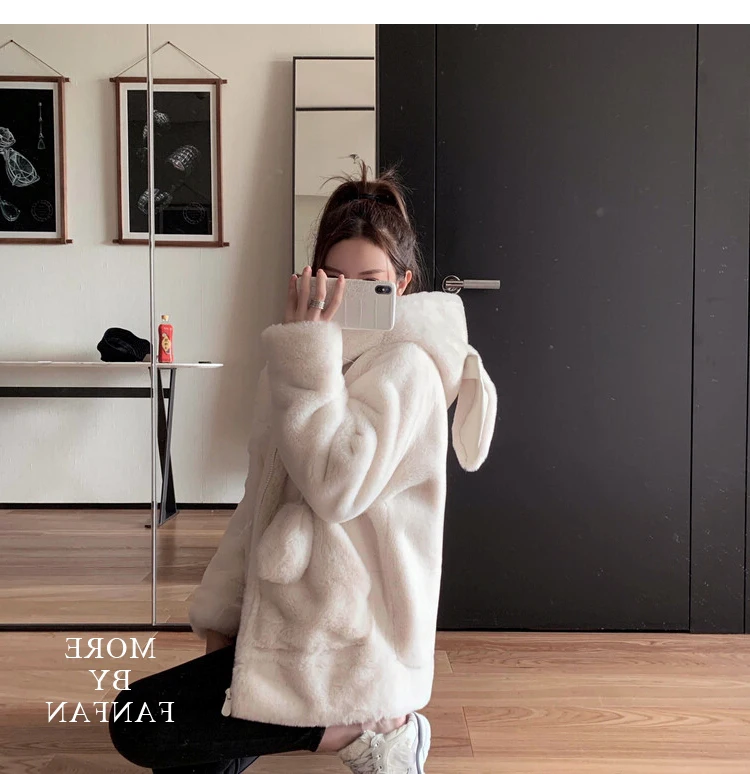 Nerazzurri Spring Fluffy Jacket with Rabbit Ears Raglan Sleeve Zipper Oversize Light Soft Harajuku Kawaii Faux Fur Hoodie 2021