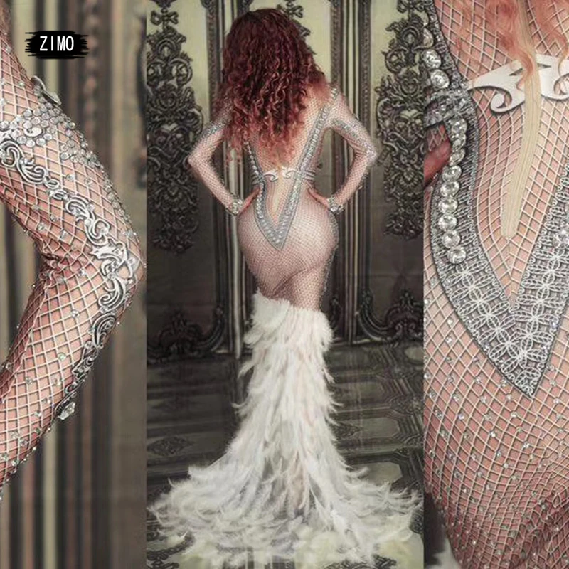 Elegancka brokatowa sukienka z kryształkami pióro seksowna wieczorowa impreza celebrytów urodziny sukienki z długim rękawem kostiumy sceniczne dla piosenkarzy