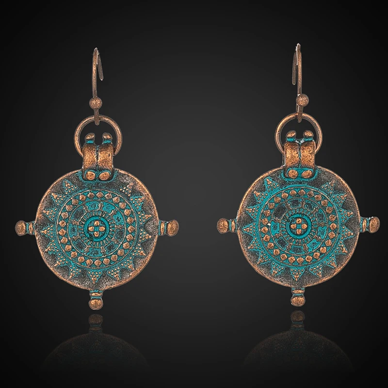 Vintage ethnic woman irregular wheel shape exquisite carved pendant earrings fashion jewelry accessories wedding party