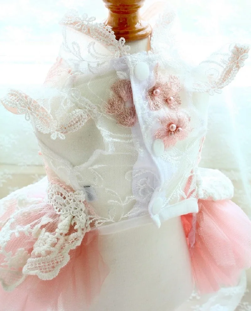 Ręcznie robione ubranka dla psów Artykuły dla zwierząt Brzoskwiniowy Beżowy Stójka Ażurowa Koronka Perły Kwiaty Akcesoria Impreza Wakacje Jednoczęściowy