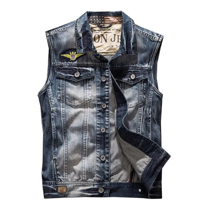 

Mcikkny Men Vintage Washed Denim Vest Multi Pockets Cargo Motorcycle Jeans Waistcoats For Male Spring Autumn