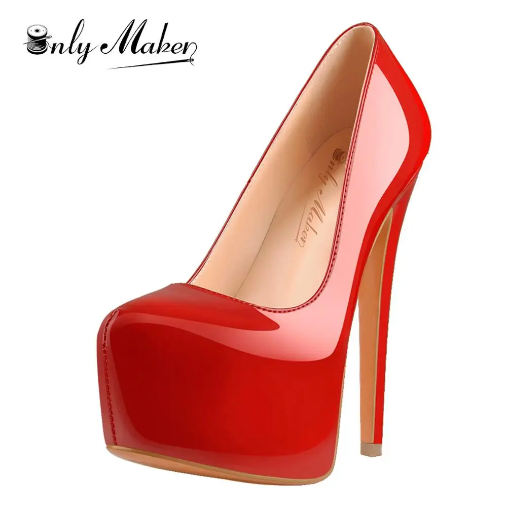 Onlymaker Women Platform Round Toe Pumps Slip On Stiletto Black Patent tacchi alti festa di nozze Plus Size scarpe Sexy