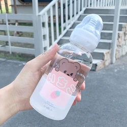 Cute Bear Glass Water Bottle, Creative Fashion Pattern, Personality Straw Cup, Student and Couple, Portable Cup,