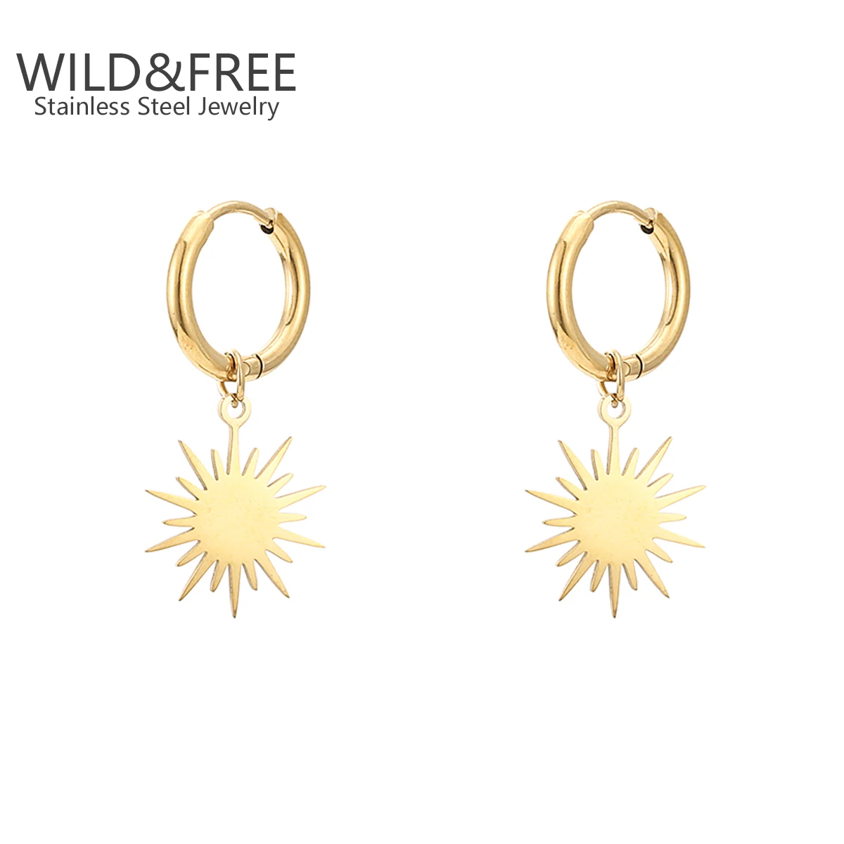 Wild&Free Gold Plated Sun Pendant Hoop Earrings For Women Stainless Steel Round Mini Circle Earrings Fashion Jewelry Wholesale