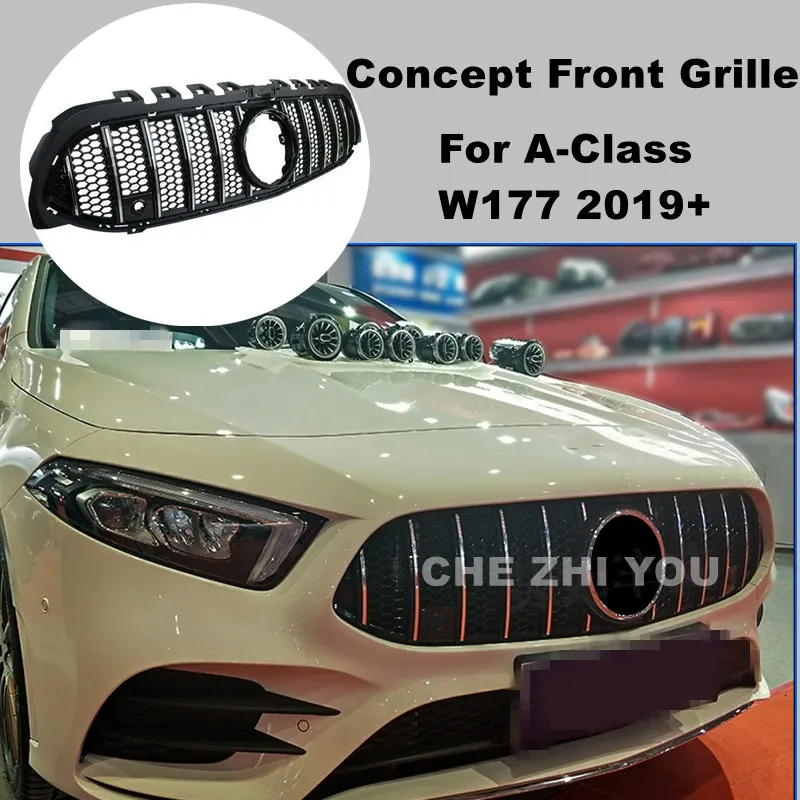 For Mercedes Benz New A Class W177 2019-2021 Concept Style Front Bumper Grille  A180 A200 A260 ABS Racing Grille Without Camera