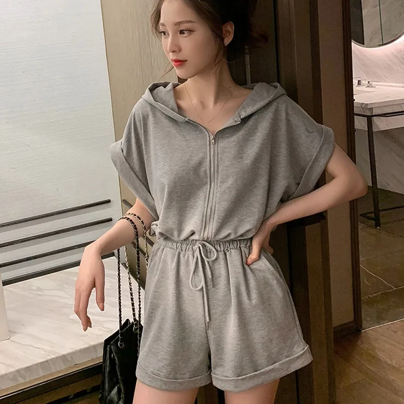 Playsuits แฟชั่นผู้หญิงเกาหลีเกาหลีฤดูร้อน Casual สีทึบ one-piece เอวแขนสั้นเสื้อกันหนาว playsuits