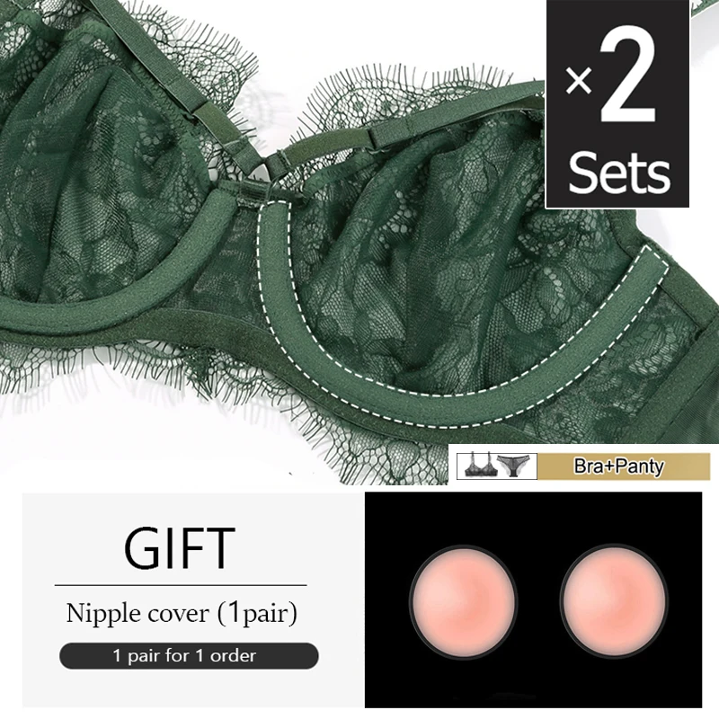 2 Piece Bras And Panty Sets For Women Floral Lace Transparent Underwear Plus Size Female Sexy Lingerie Set Black Green Red White