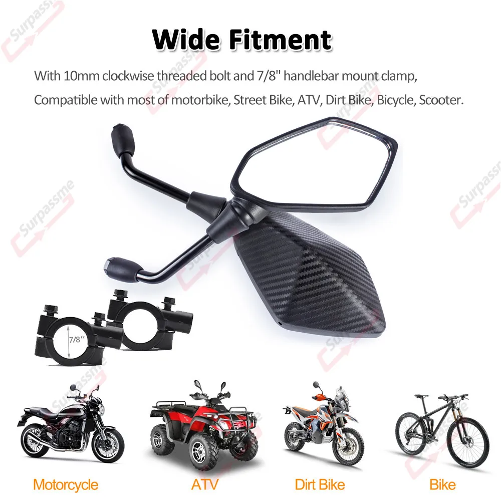 Universal Motorcycle Rear View Mirror with 7/8\'\' Handlebar Mount Clamp Carbon Fiber Convex Mirrors for Motocross ATV Scooter