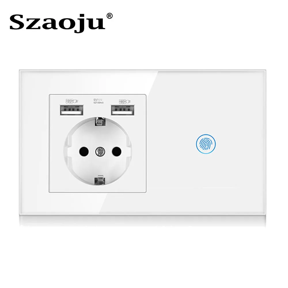 Szaoju EU Touch Switch Wall Lamp Switch USB Socket With USB LED Switches 1/2/3 Gang 1Way Crystal Panel Dark Blue Backlight