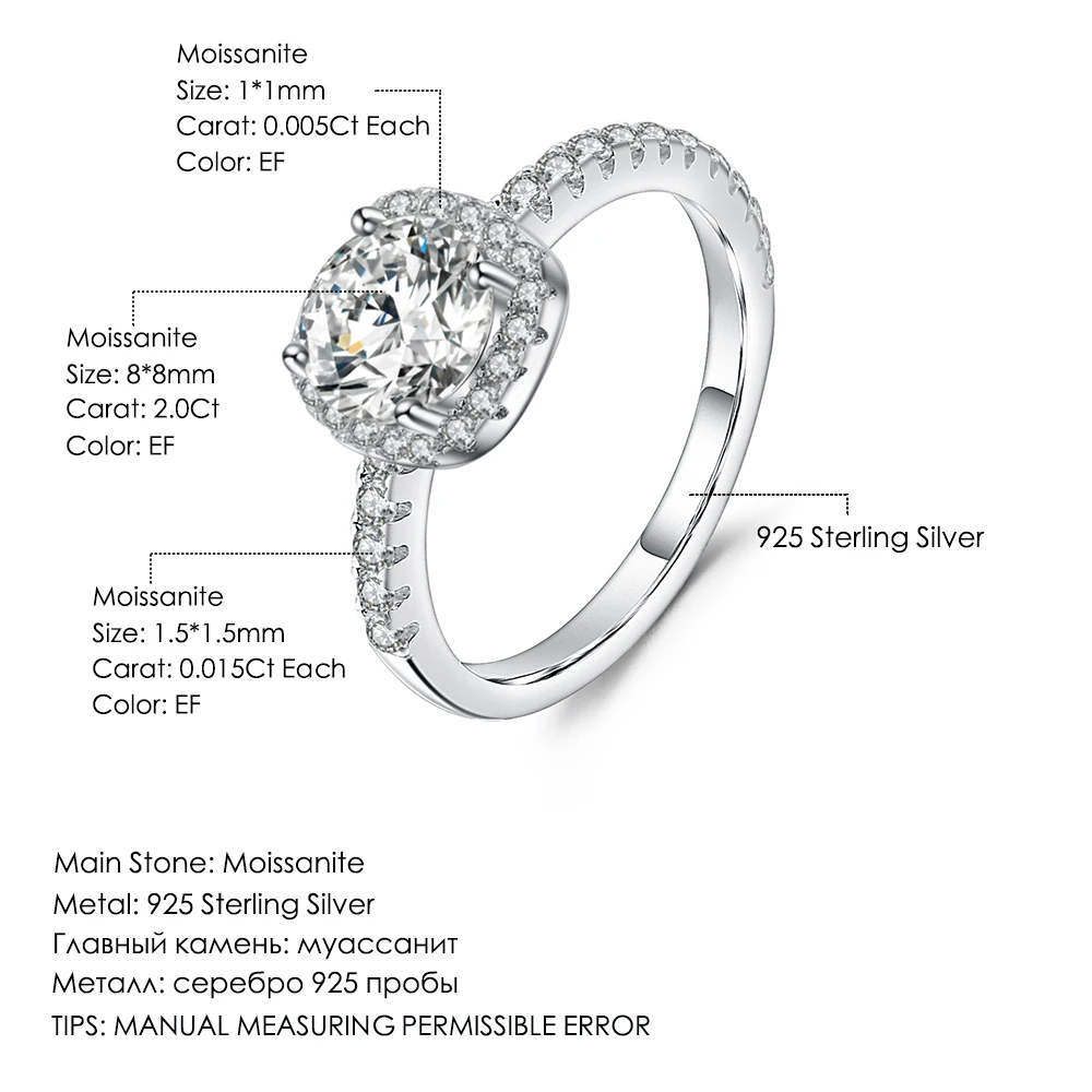 925 prata esterlina clássico halo 3 anel de banda conjunto de jóias de luxo 2.0ct 8mm ef cor moissanite anel para casamento feminino