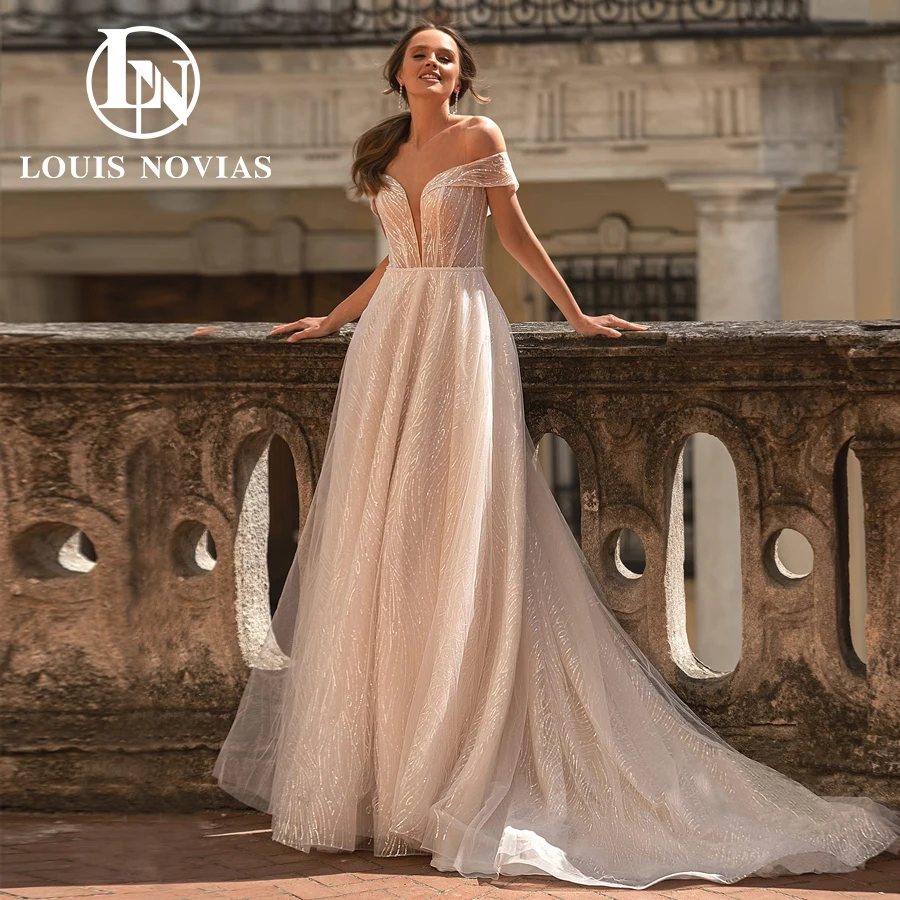 LOUIS NOVIAS A-Line 웨딩 드레스 2022 우아한 비드 스팽글 신부 가운 오프 숄더 v-넥 백리스 플로우 베스티토 Da Sposa