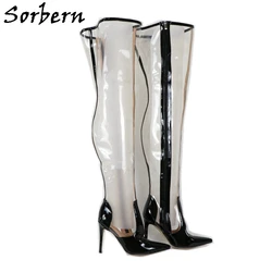 Sorbern Sexy Clear Women Boots Transparent Pvc Pointed Toe High Heel Mid Thigh High Long Boot Custom Wide Slim Fit Sissy Boy Sho