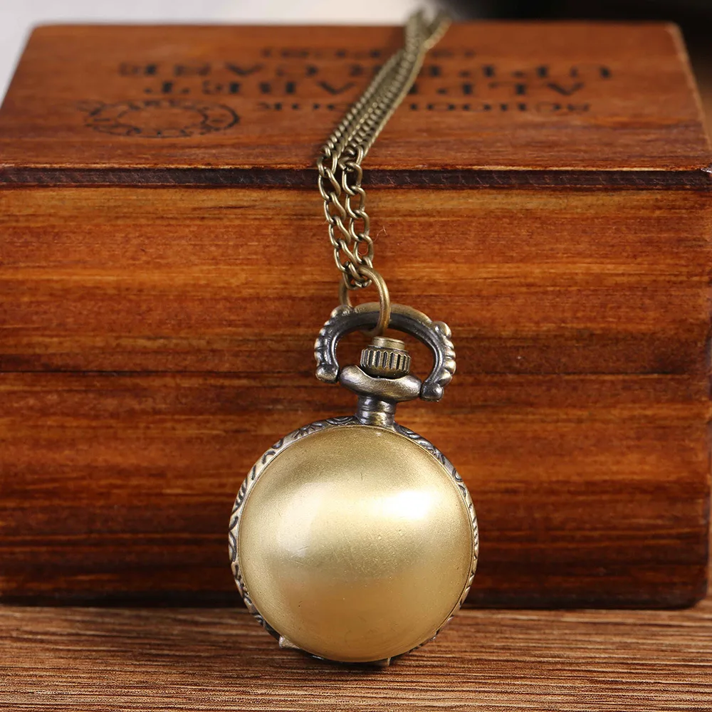 

7001Retro spherical quartz pocket watch fashion bronze open cover pocket watch with necklace gift male female child