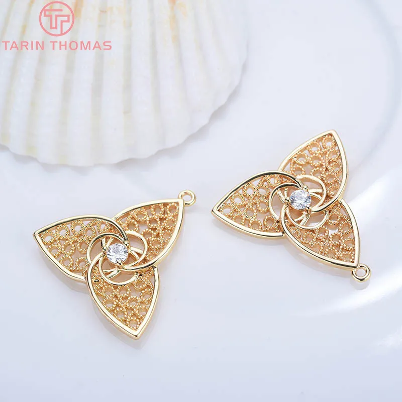 (511)4PCS 21x21MM 24K Gold Color Plated Brass with Zircon Clover Charms Pendants Diy Jewelry Findings Accessories wholesale