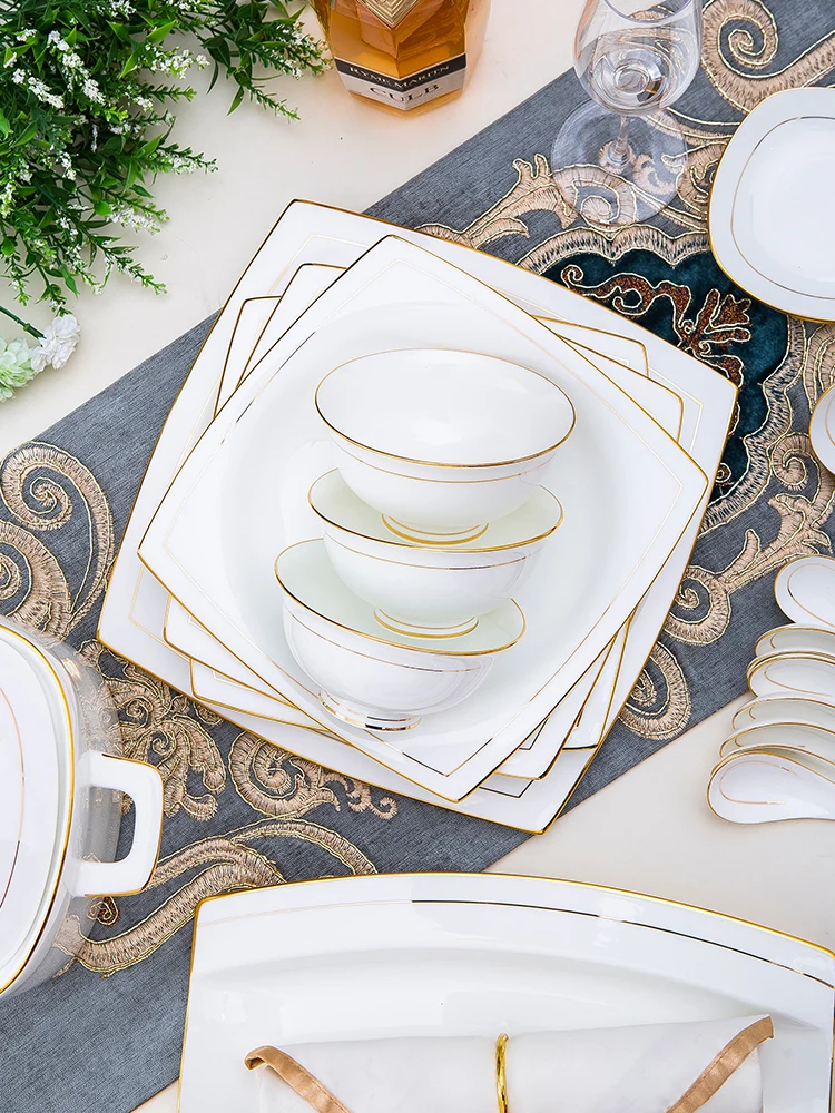 Bowl and dish set simple European style Phnom Penh 60 pieces Jingdezhen bone china tableware set ceramic bowl and plate combinat