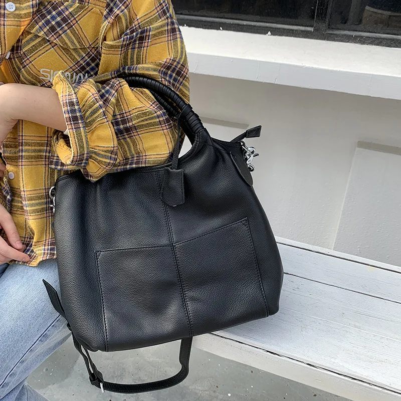 

Soft Leather Handbag Female Bag Cowhide Casual Tote Black Capacity Genuine Leather Women Shoulder Crossbody Bags Lady Hand Bag
