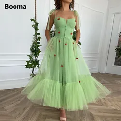 Booma Green Cherry Midi Prom Dresses Bow Straps Pockets Tea-Length Wedding Party Dresses Pleated Tulle A-Line Formal Gowns