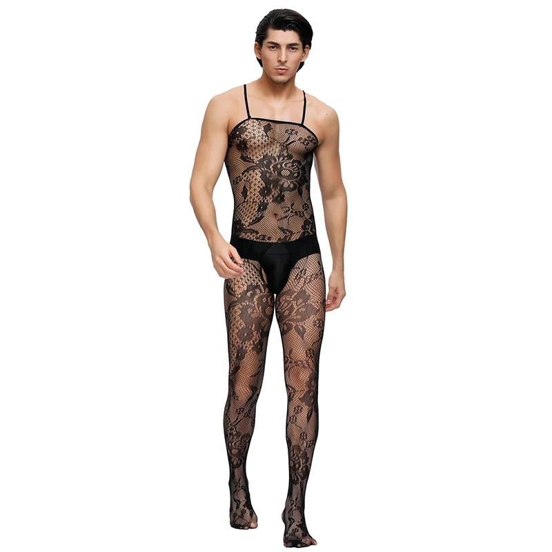 

Crotchless Men Fishnet Bodystockings Floral Sling Stretchy Body Suit Fantezi Erotik Spaghetti Strap Floral Perspective MPS161