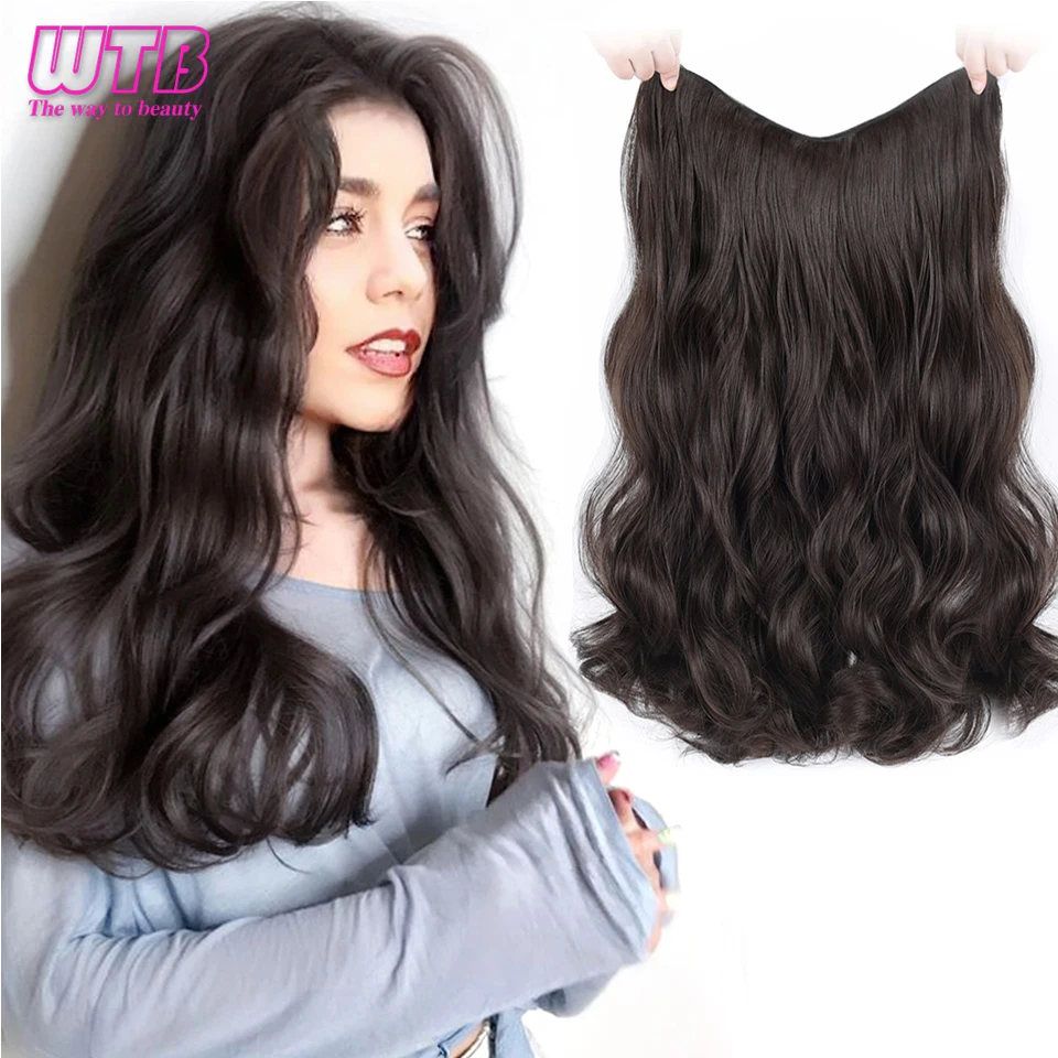 WTB Synthetic Long Curly 5 Clips in One Piece Hair Extension Natural Hair for Women Two Style Invisible Fluffy False Hair Pieces