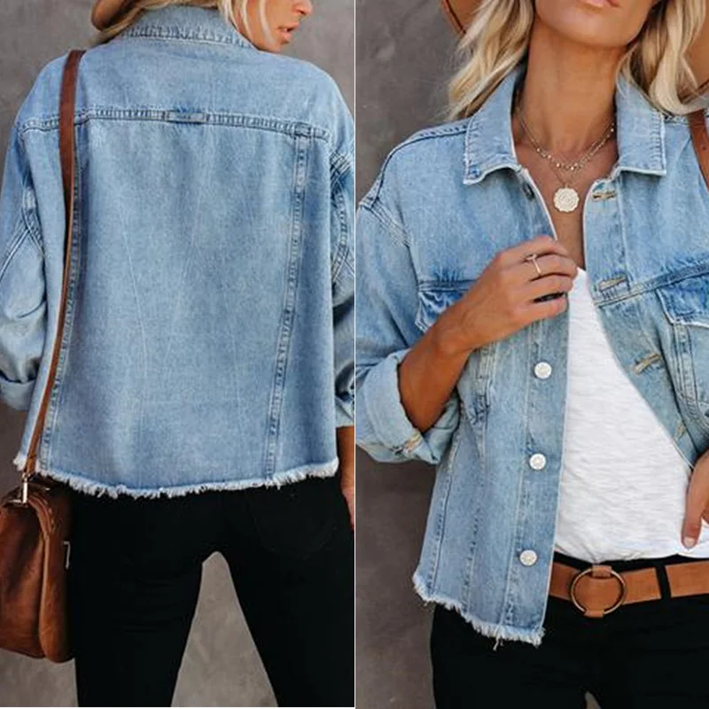 Décontracté automne bleu lavé Denim vestes courtes femmes à manches longues col rabattu simple boutonnage femme manteau Streetwear