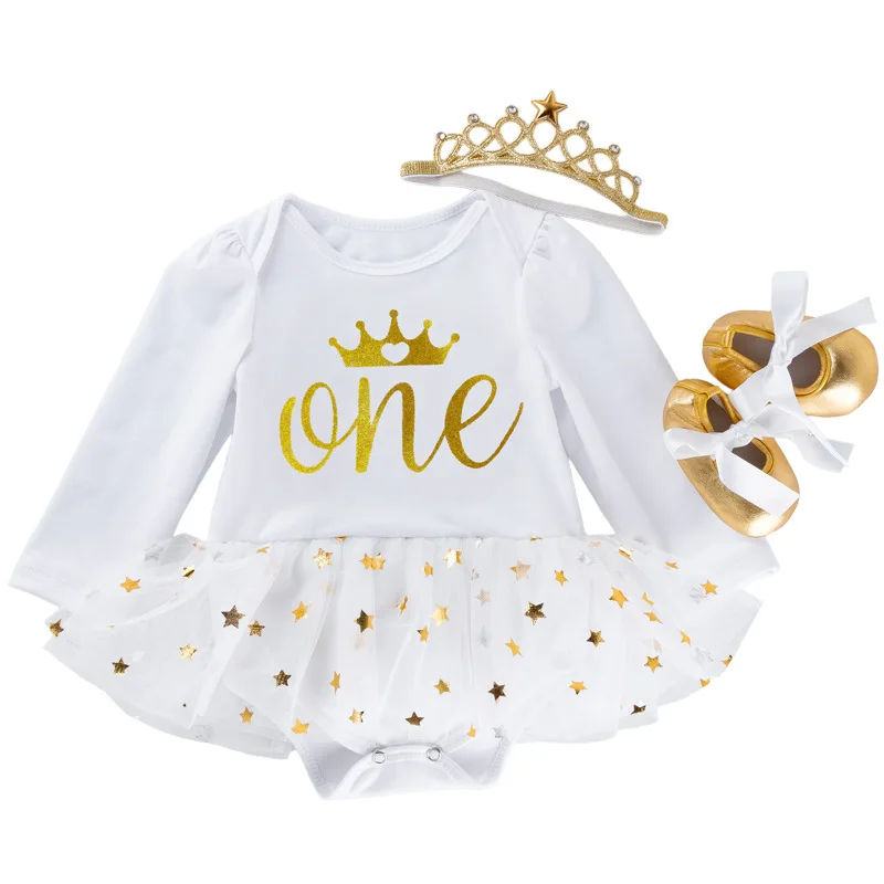 

Golden Shiny Star Mesh Dress for Baby Girls First Birthday Crown White Cotton Gown Costume Toddler Girl 1 Years Princess Outfits