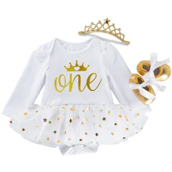 Golden Shiny Star Mesh Dress for Baby Girls First Birthday Crown White Cotton Gown Costume Toddler Girl 1 Years Princess Outfits