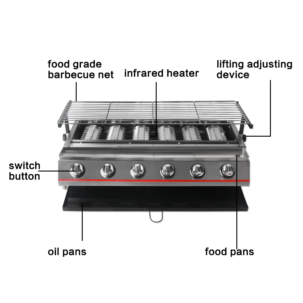 BBQ Grill Gas Barbecue 6 Burner Infrared Smokeless Roasting Tray LPG Gas Steel Grill Outdoor Picnic Barbecue Grill Kitchen Tools