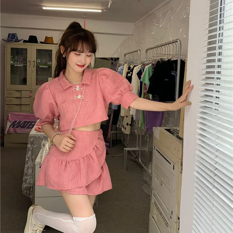 Women Sets Sweet Solid Short Puff Sleeve Tops Ruffles Mini Skirts Preppy Style Simple Streetwear All-match Female Summer Daily