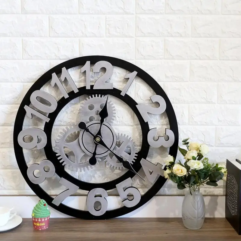 

3D Modern Vintage Gear Wall Clock 58cm European Style Living Room Large Classic Sliver Noiseless Roman Numeral Home Clocks