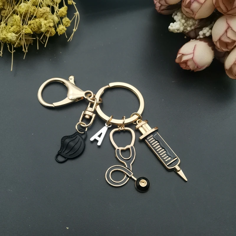 A-Z Letters, New Design Keychain Doctor Medical Tool Stethoscope Syringe Face Mask Key Ring Nurse Medical Gift Keychain Souvenir