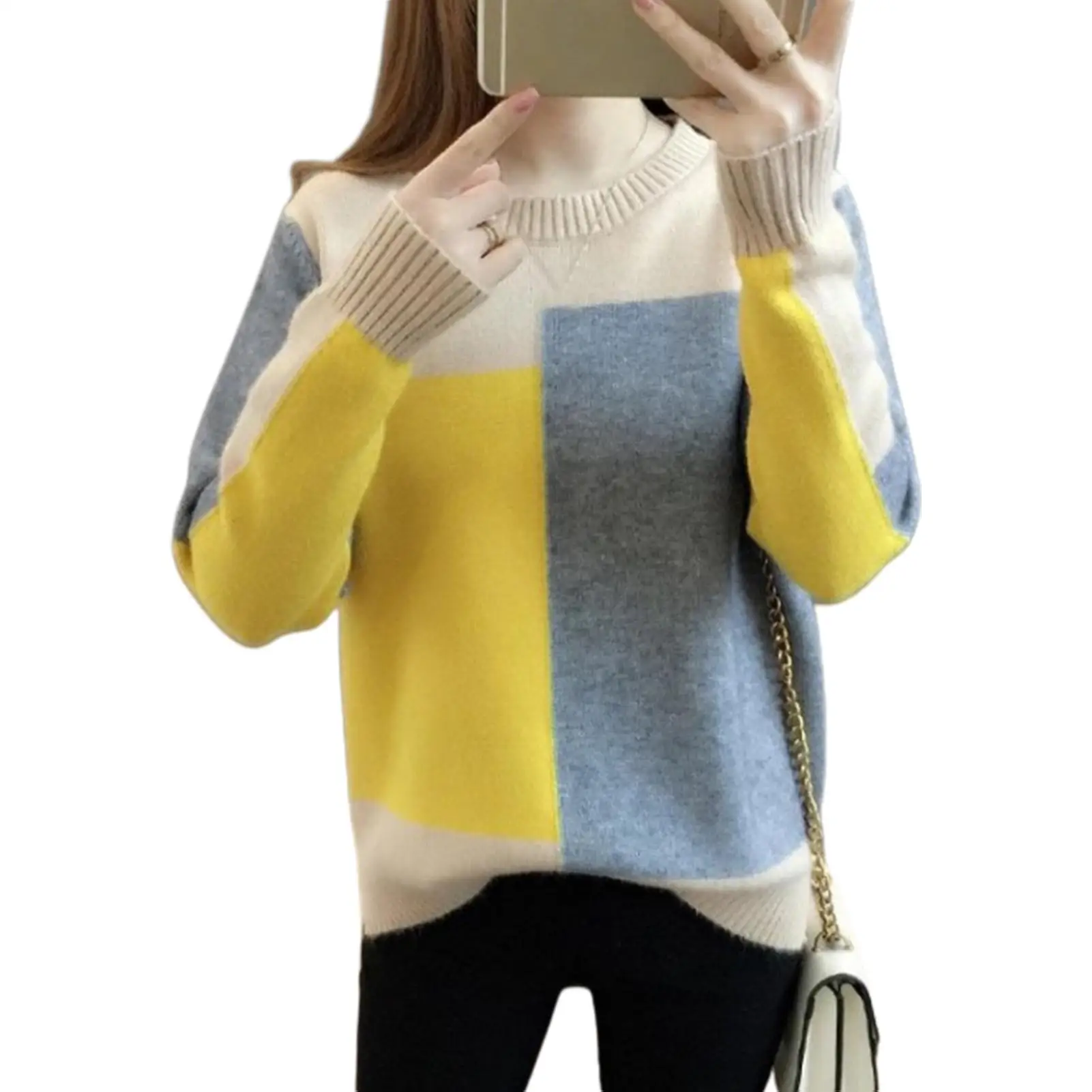 

Knitwear Women Sweater Korea Fashion Autumn Winter Color Block Jumper Top Long Sleeve O Neck Warm Slim Pullover Sweater 2021