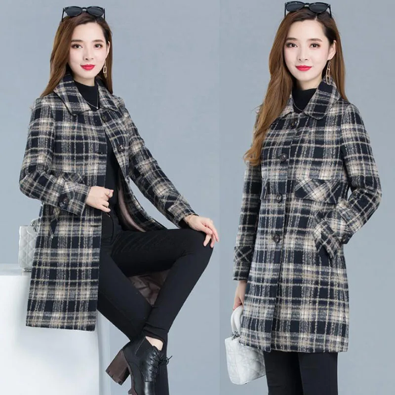 2022 Autumn Winter Women\'s Plaid Mid Long Coats Casual Jacket Fashion Single-Breasted Outerwear High Quality Female Woolen Coats