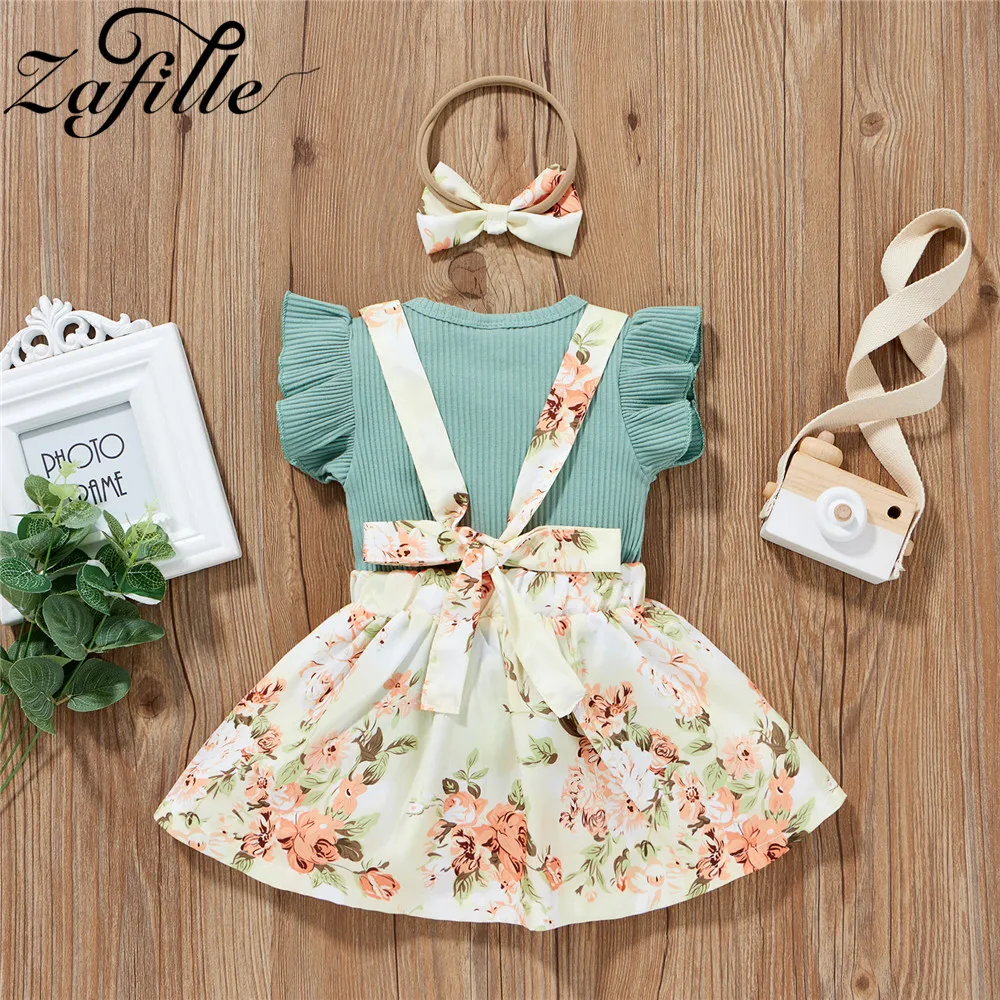 ZAFILLE Baby Skirt Set Summer Toddler Kids Clothing Girls Cotton Knitted Top Suspender Skirts Headband Girls Outfits Clothes Set