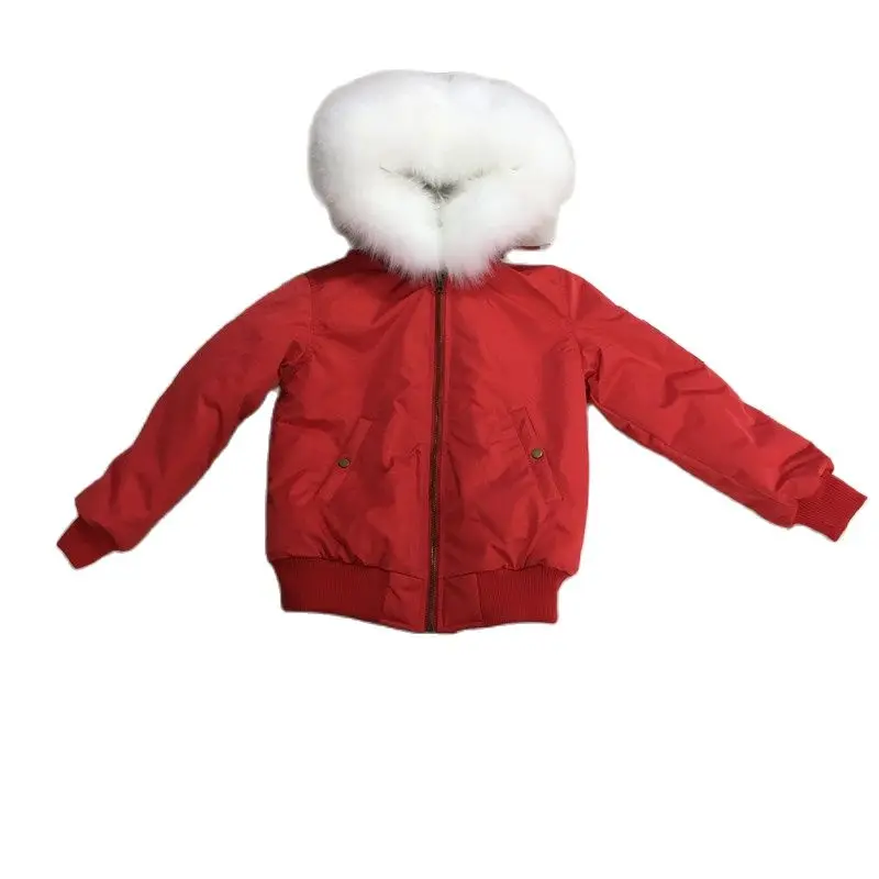 Jacket For Children Red Color Short Coat For Girl Pocket In Front The parka Casual Real Raccoon Collar S-XL