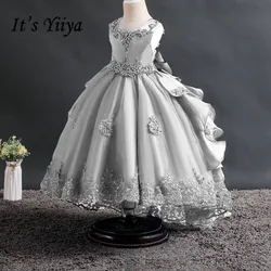 Gray Flower Girl Dresses for Weddings It's Yiiya B086 Square Collar Appliques Princess Ball Gowns Big Bow Communion Dress