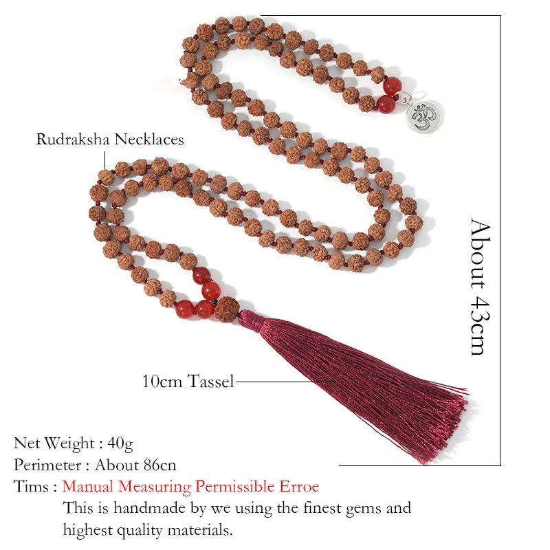 Original Rudraksha Red Agate 108 Mala Necklace Meditation Yoga Prayer Japamala Set with Bracelet Jewelry