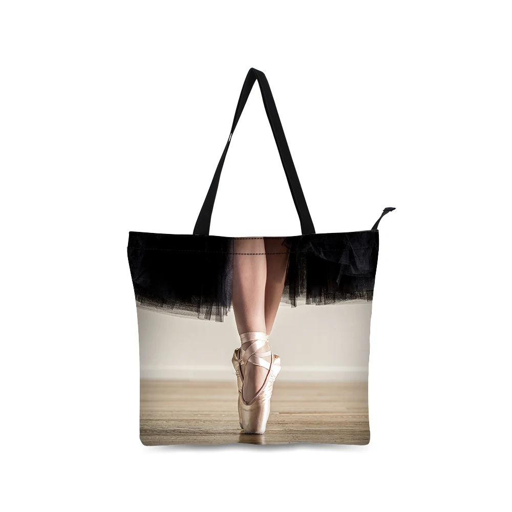 Ballet Print Canvas Shopping Bag Personalized Tote Bags Shoulder Bag 3D Dance Girl Design Black Grocery Bag Cotton Handbag Black