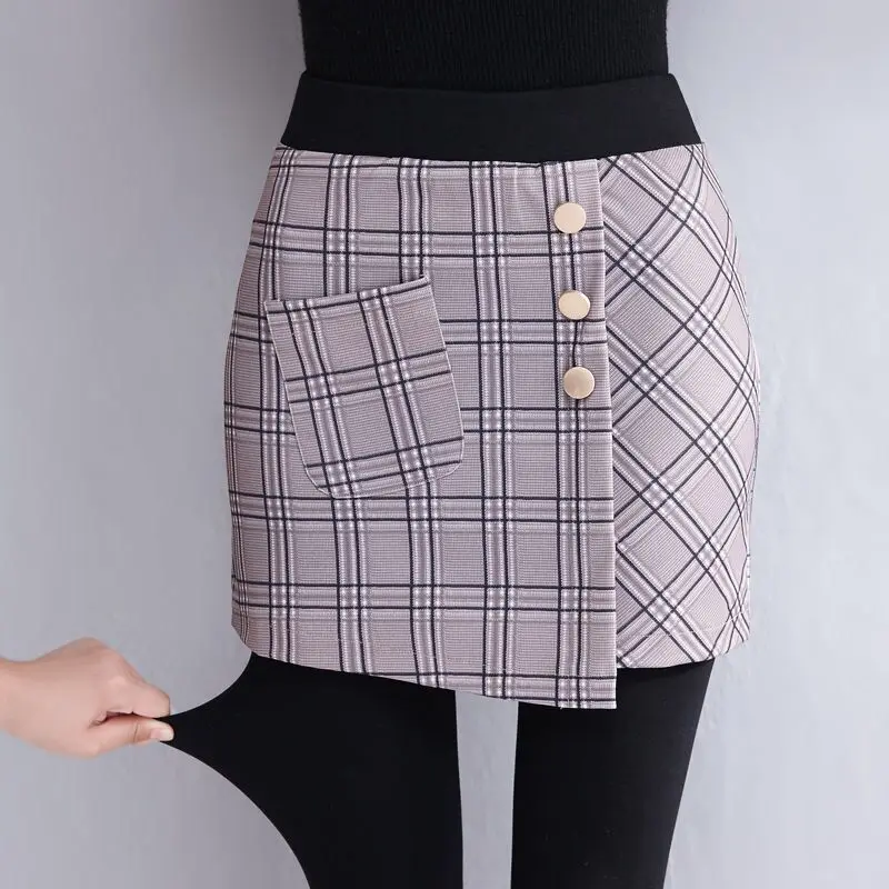 Zimowa kobieta Tartan spódnica fałszywe dwuczęściowe legginsy odzież wierzchnia czarne strzemię spodnie cienkie wysokiej talii Culottes polarowe