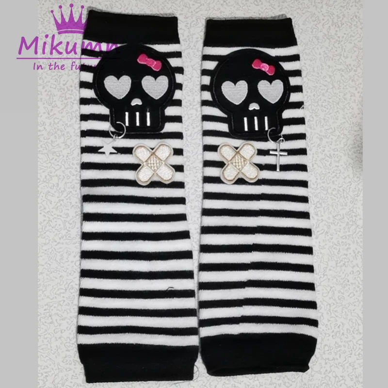 Harajuku Y2k Punk Women Long Fingerless Gloves Gothic Fashion Skull Striped Long Arm Gloves Warmer Knitted Mittens