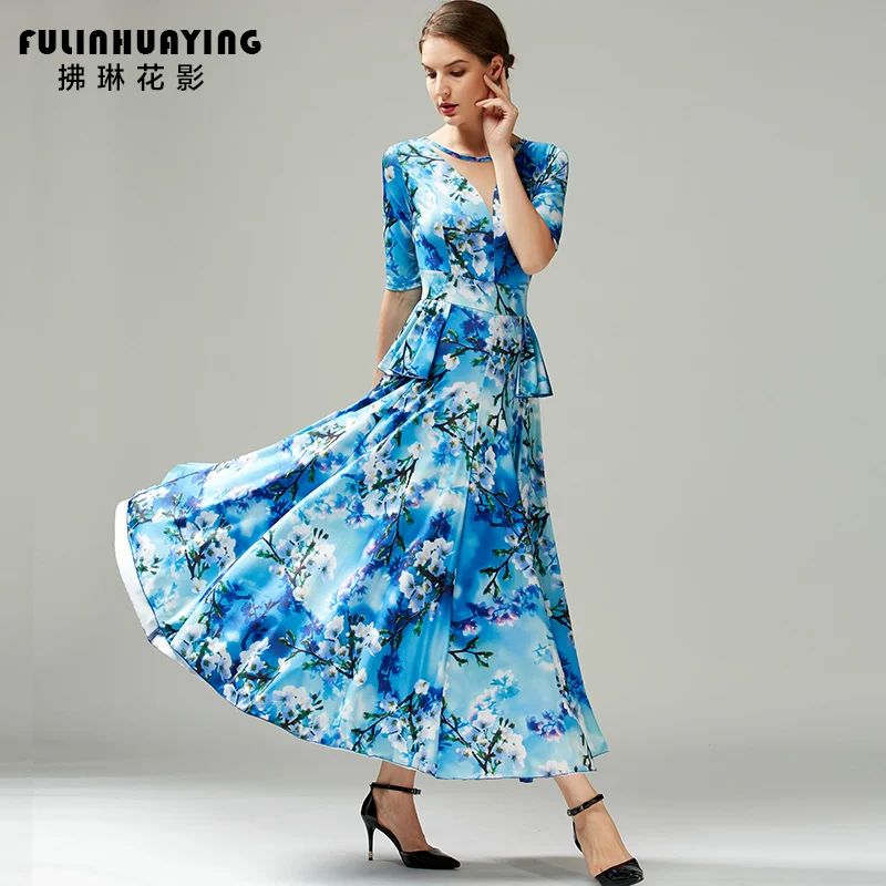 Druck Frauen Elegante Halbarm Schaukel Ballroom Dance Kleid Für Tanzen Walzer Kleid Tango Dance Kostüme Flamenco Kleid