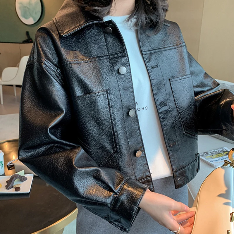 Women Black Leather Jacket Long Sleeve Leather Jacket Women Soft Motorcycle Faux Leather Female Coat Ladies Biker punk loose