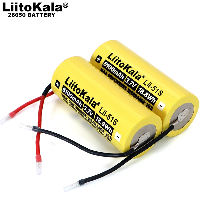 Liitokala 26650 5100mAh high Capacity Li-ion 3.7v Rechargeable Battery 20A Discharge 3.6V Power batteries + DIY Cable